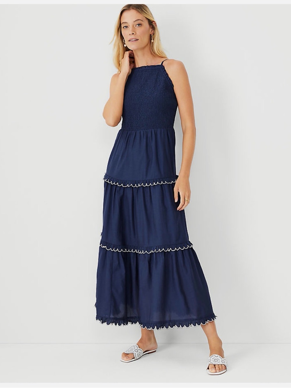 Ann Taylor Pure Sapphire Smocked Scalloped Tiered Maxi Dress